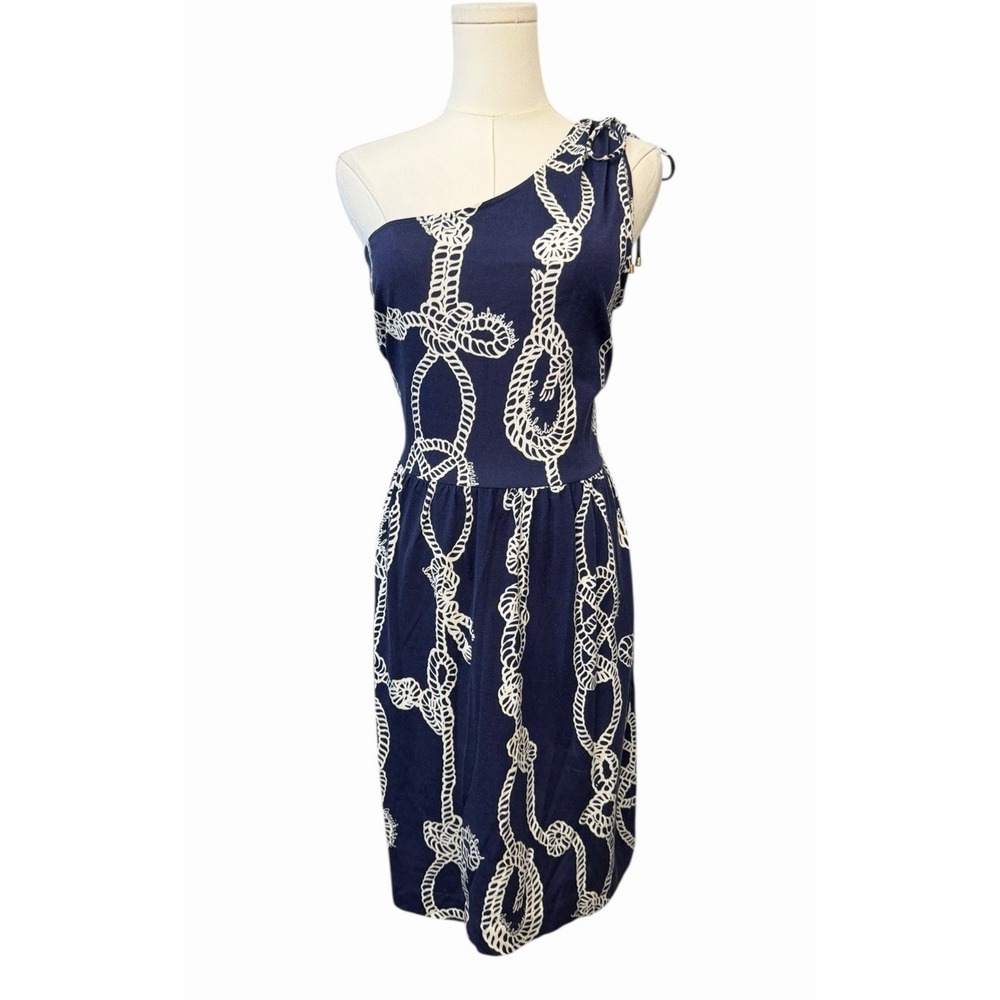 LILLY PULITZER Teeki One Shoulder Silk‎ Blend Dress S Blue Coastal Nautical Rope - Picture 2 of 15